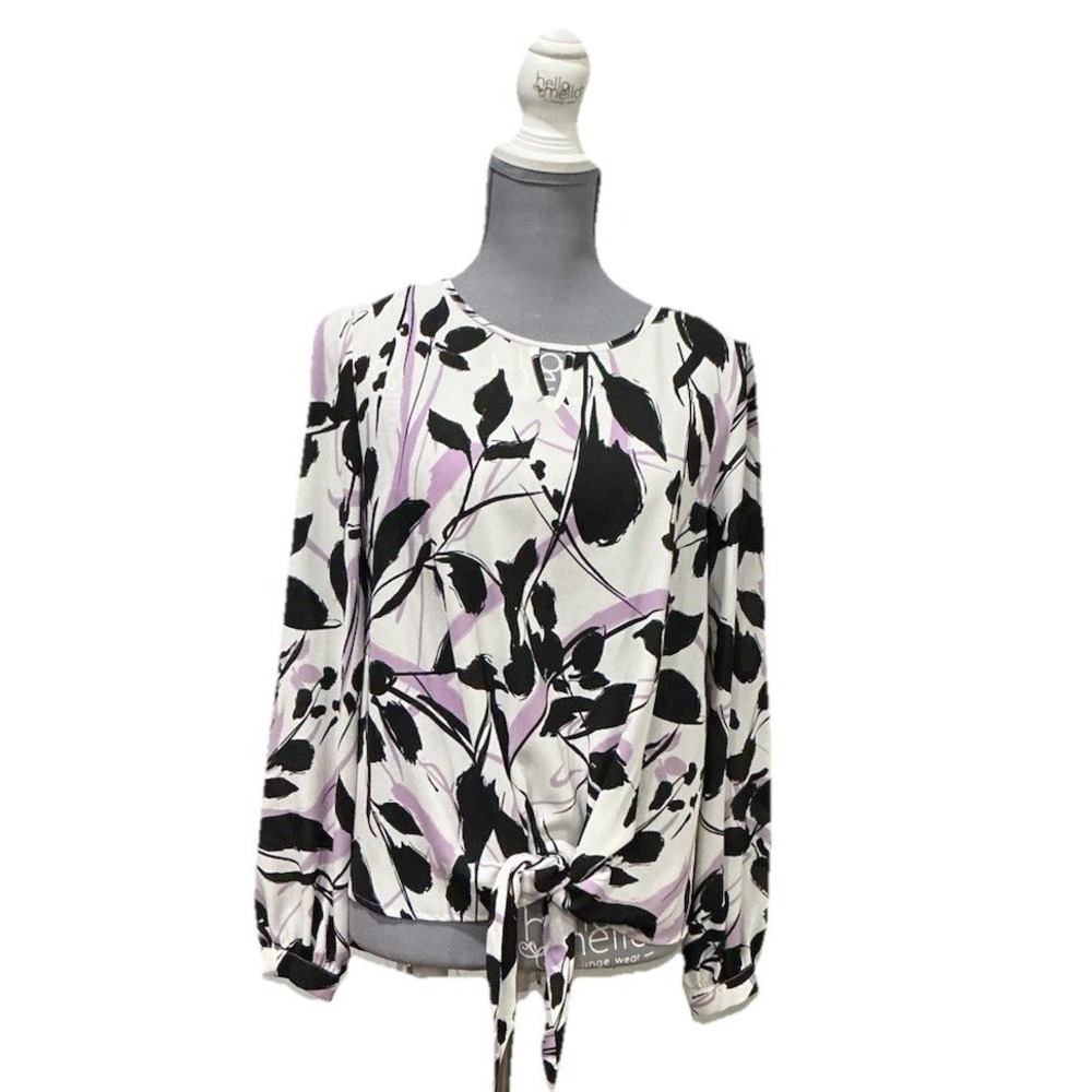 Apt. 9 Womens White Purple & Black Floral Long Sleeve Tie Front Keyhole blouse S